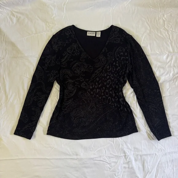 Vintage Chico's Travelers Black Paisley Leopard Patterned Top, Fairy Grunge - Picture 3 of 8